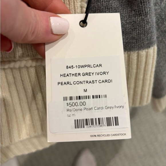 Re/Done Pearl Contrast Cardigan in Grey and Ivory